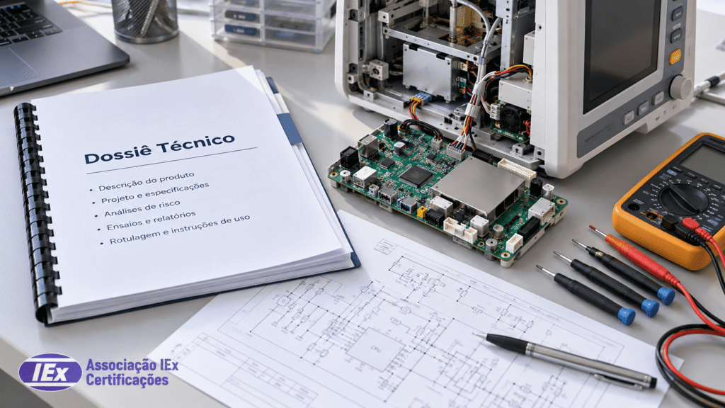 Documentação técnica e placa eletrônica reunidas para o dossiê de certificação de equipamento eletromédico