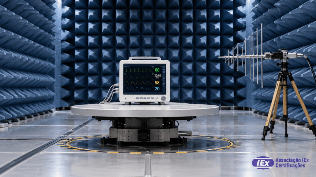 Equipamento eletromédico em câmara de ensaio de compatibilidade eletromagnética durante a certificação