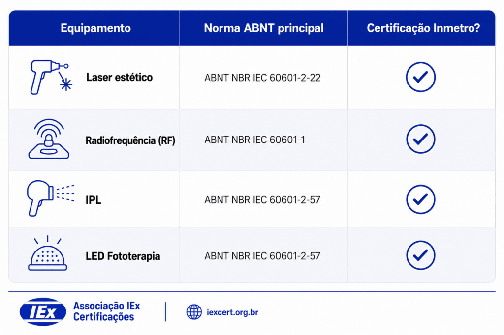 Certificação Inmetro obrigatória por categoria de equipamento estético. Fonte: IEx Certificações, 2026.