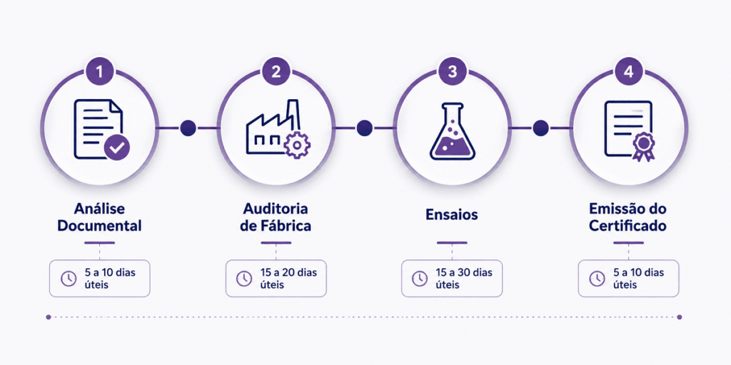 Linha do tempo do processo de certificação Inmetro: 4 etapas com prazos — Análise Documental, Auditoria de Fábrica, Ensaios e Emissão do Certificado