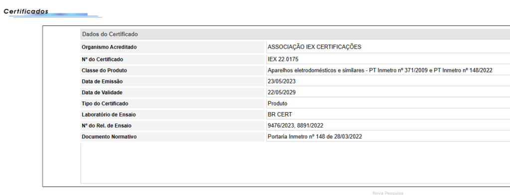 prodcert detalhe certificado validade inmetro Tela de detalhe do certificado no ProdCert com data de emissão e validade em destaque