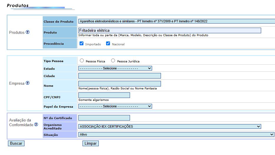 prodcert formulario busca produtos inmetro Formulário de busca do ProdCert: campos de Classe de Produto e Produto