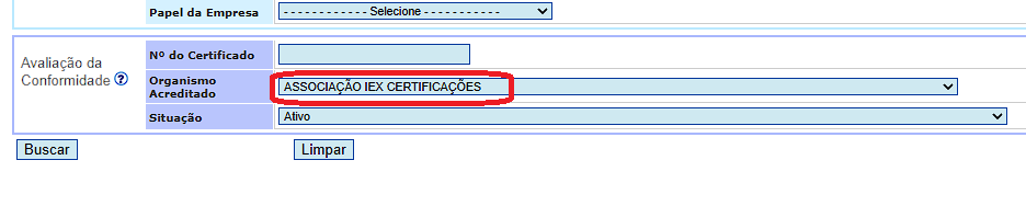 prodcert organismo acreditado iex certificacoes Campo Organismo Acreditado do ProdCert com Associação IEx Certificações selecionada