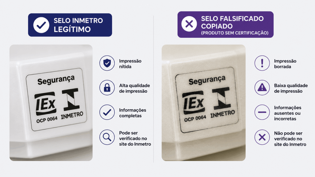 selo inmetro legitimo vs falsificado iex Comparativo entre Selo Inmetro legítimo e selo falsificado copiado em produto sem certificação