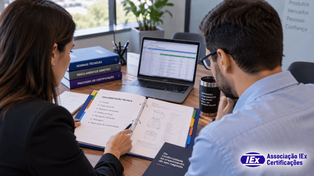 Consultoria de certificação Inmetro revisando documentação técnica com a engenharia do fabricante
