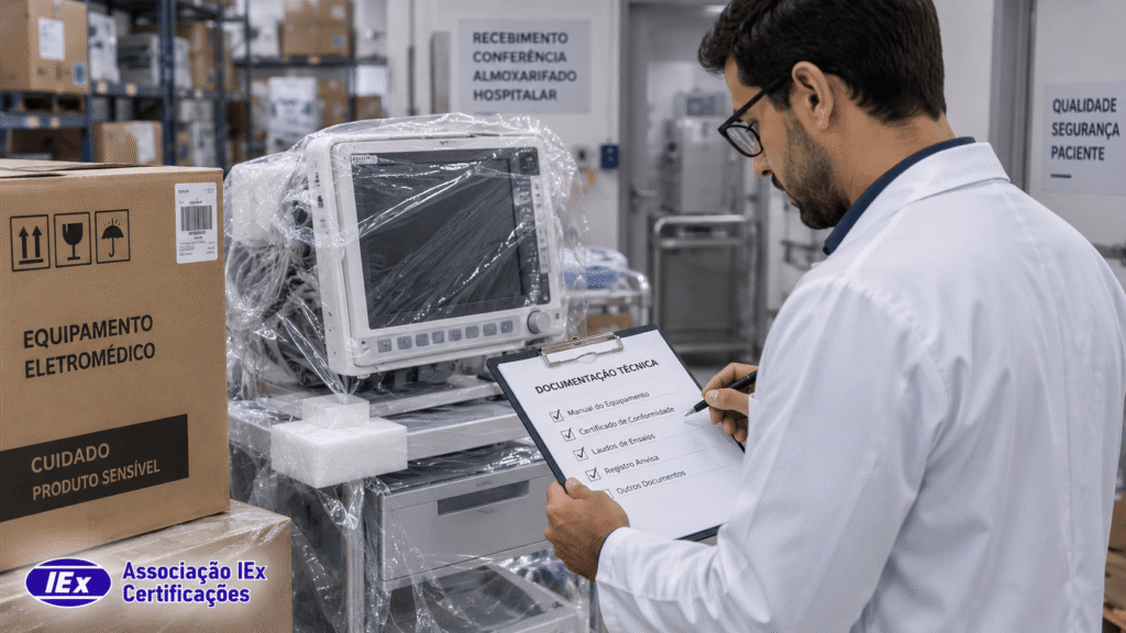 equipamento eletromedico sem certificacao corpo 3 Engenheiro clínico verificando documentação de conformidade de equipamento eletromédico antes do uso