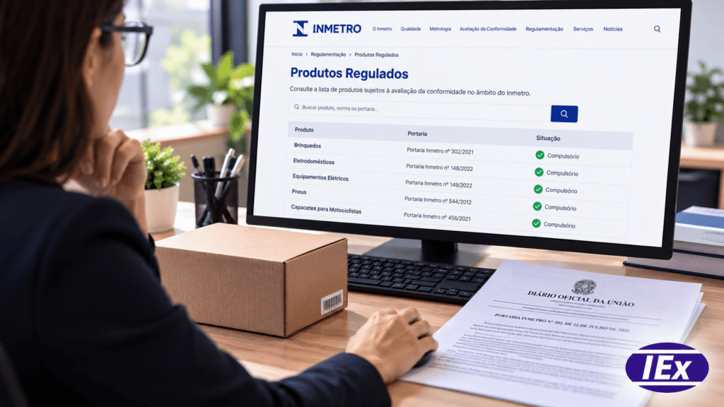 Exigência compulsória do Inmetro sendo verificada na lista oficial de produtos regulados