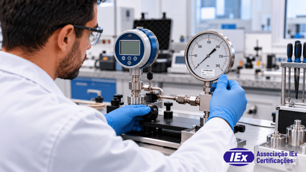 diferenca entre calibracao e certificacao tecnico trabalhando Diferença entre calibração e certificação: técnico calibrando instrumento contra um padrão de referência