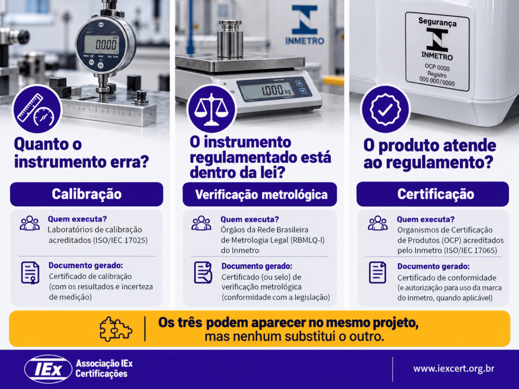 diferenca entre calibracao e certificacao visual Calibração, verificação metrológica e certificação: a pergunta que cada processo responde | Identidade: paleta roxo institucional IEx, âmbar apenas na faixa inferior, logo original e URL no rodapé, 100%